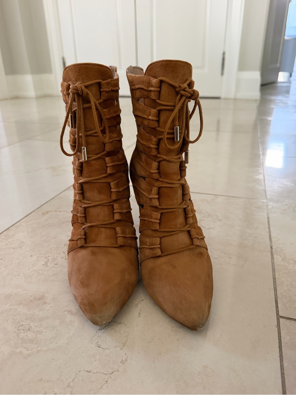 Joie Lace Up Cage Booties Boots Brown Women's